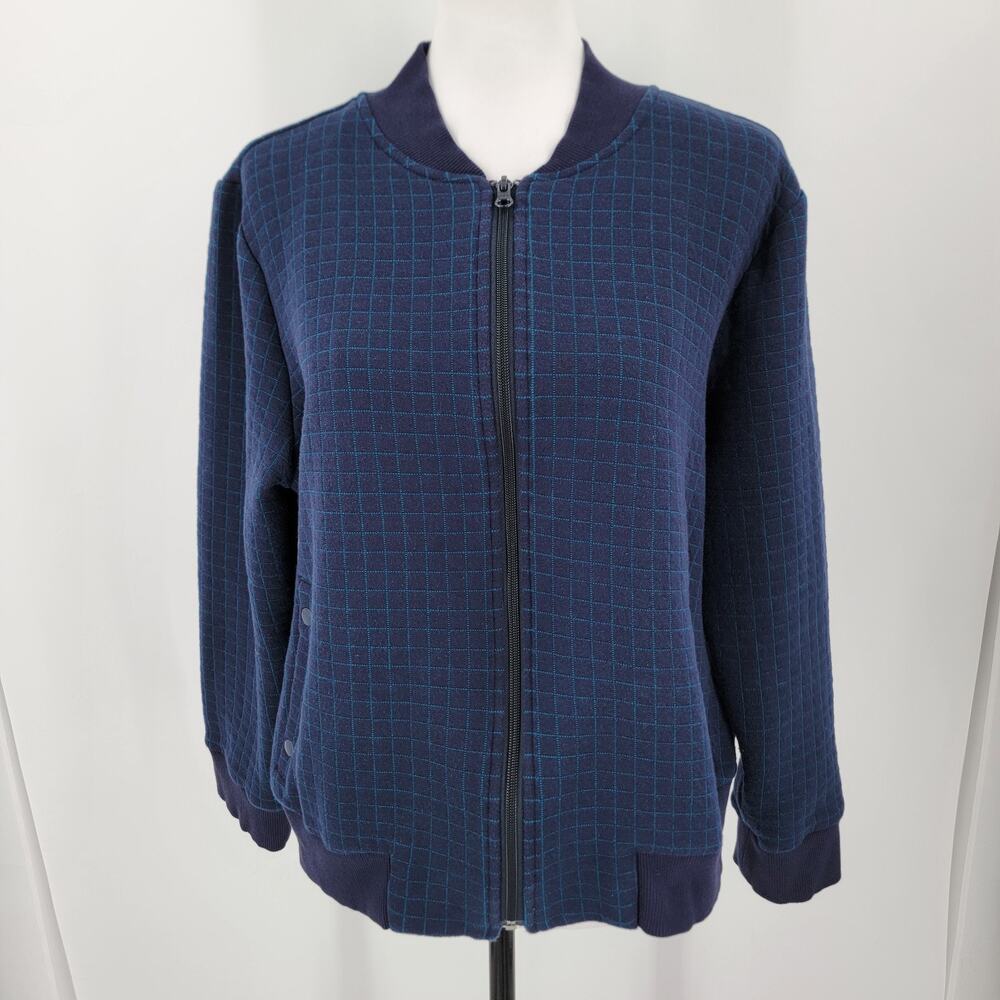 T by Talbots Quilted Bomber Jacket Womens XL Blue Tea Check Stitch Ribbed Trim